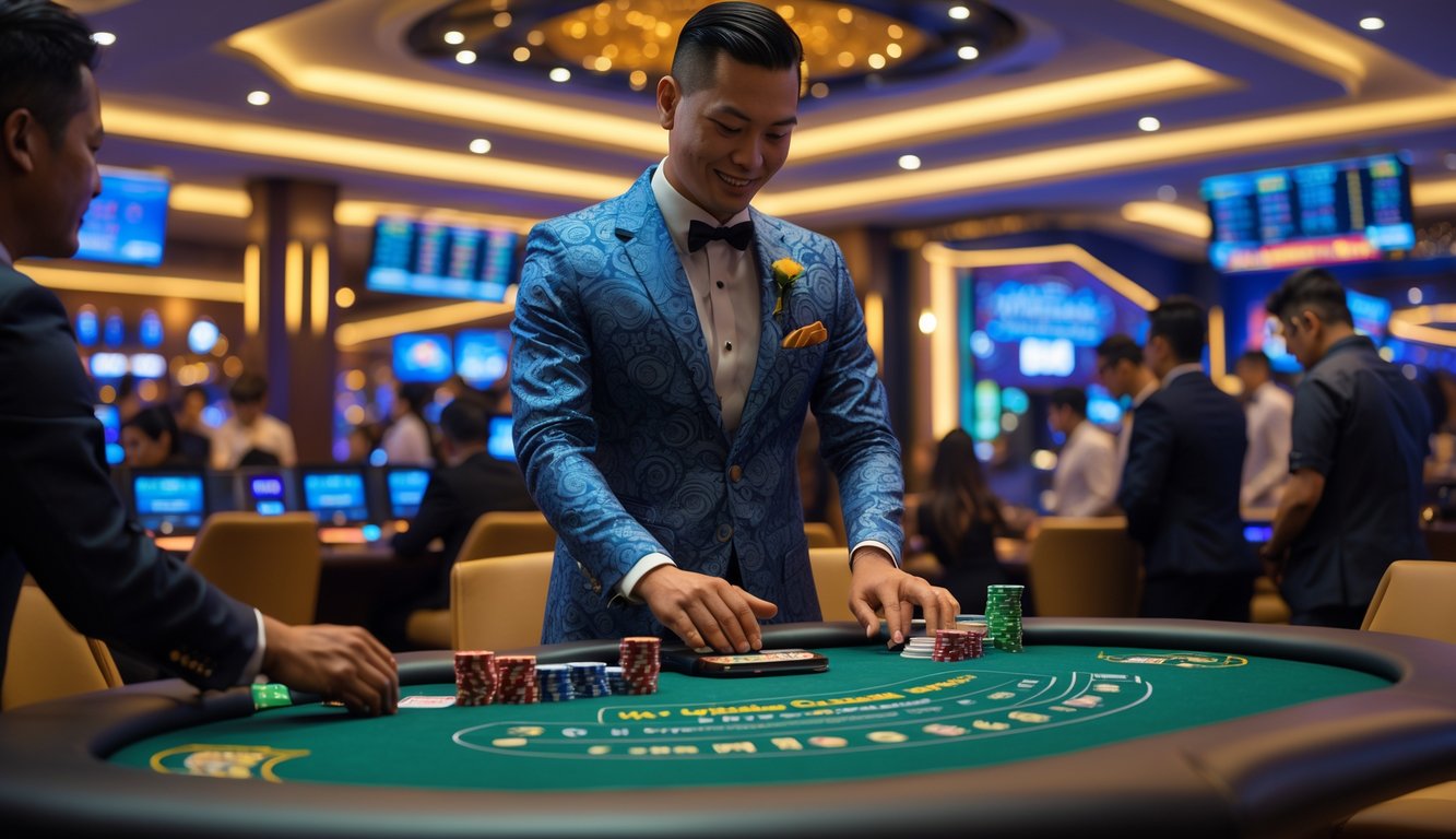 Seorang dealer berdasi di meja permainan kasino langsung dengan pemain di sekitarnya di dalam ruangan kasino yang elegan dan modern.