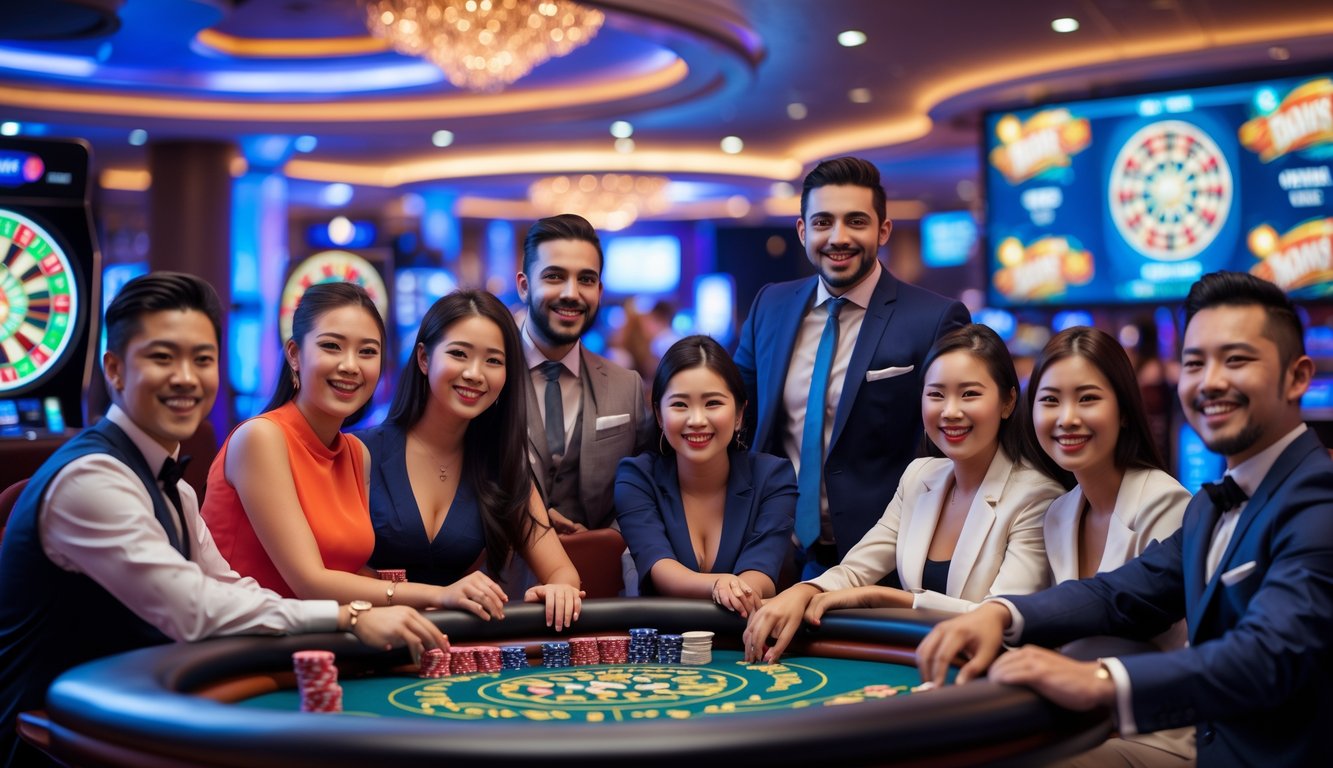 Sejumlah orang baru sedang bermain dan berinteraksi dengan dealer di meja kasino langsung yang ramai dan ceria.
