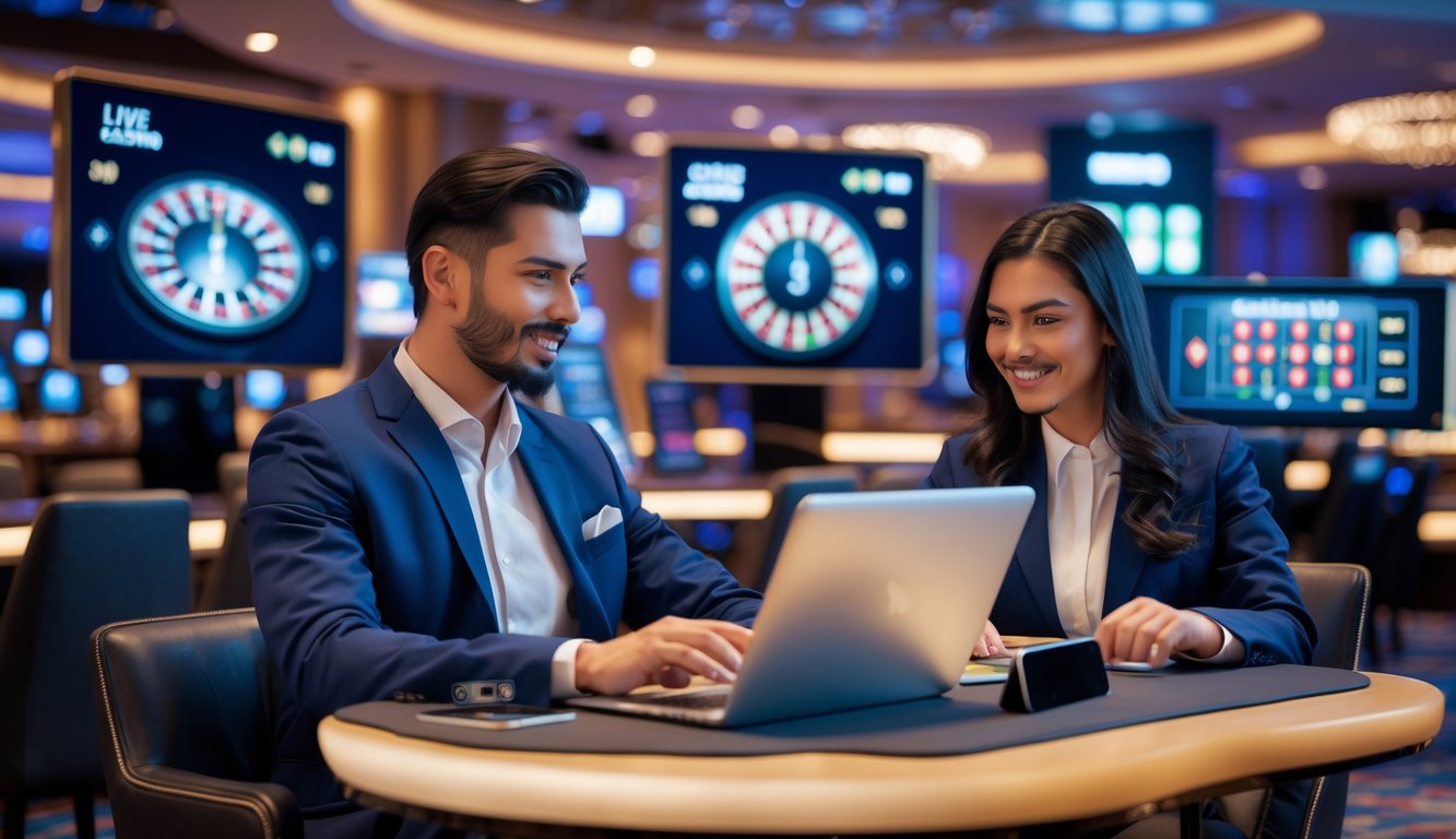 Seorang pria dan wanita duduk di meja dengan laptop dan tablet, bermain permainan kasino langsung secara online.