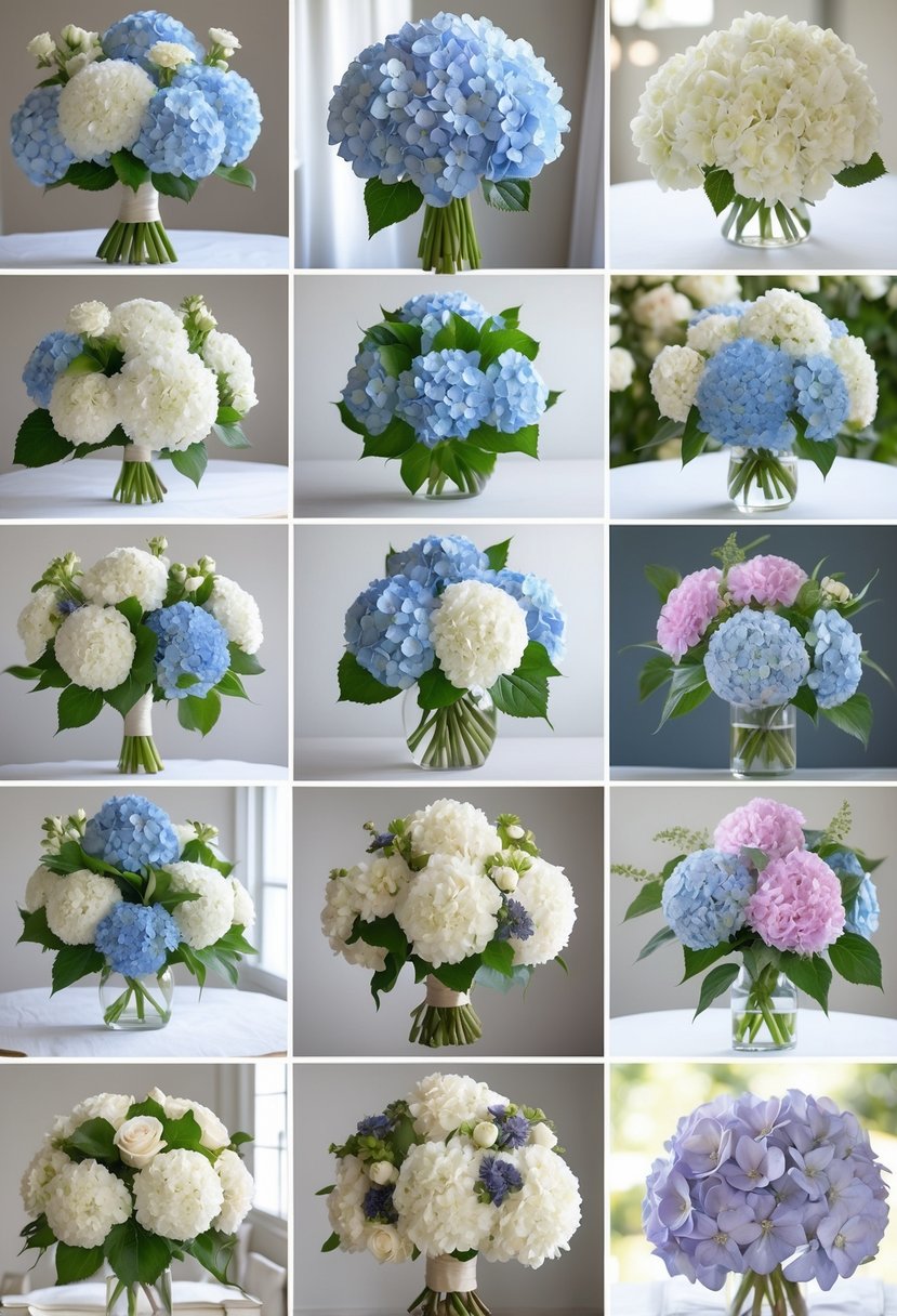A collection of 15 different hydrangea wedding flower arrangements in various colors and styles displayed against a neutral background.