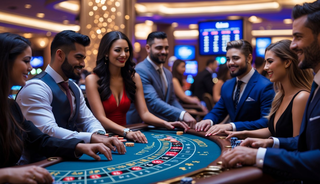 Suasana kasino langsung dengan pemain dan dealer yang sedang bermain di meja permainan seperti blackjack atau roulette.