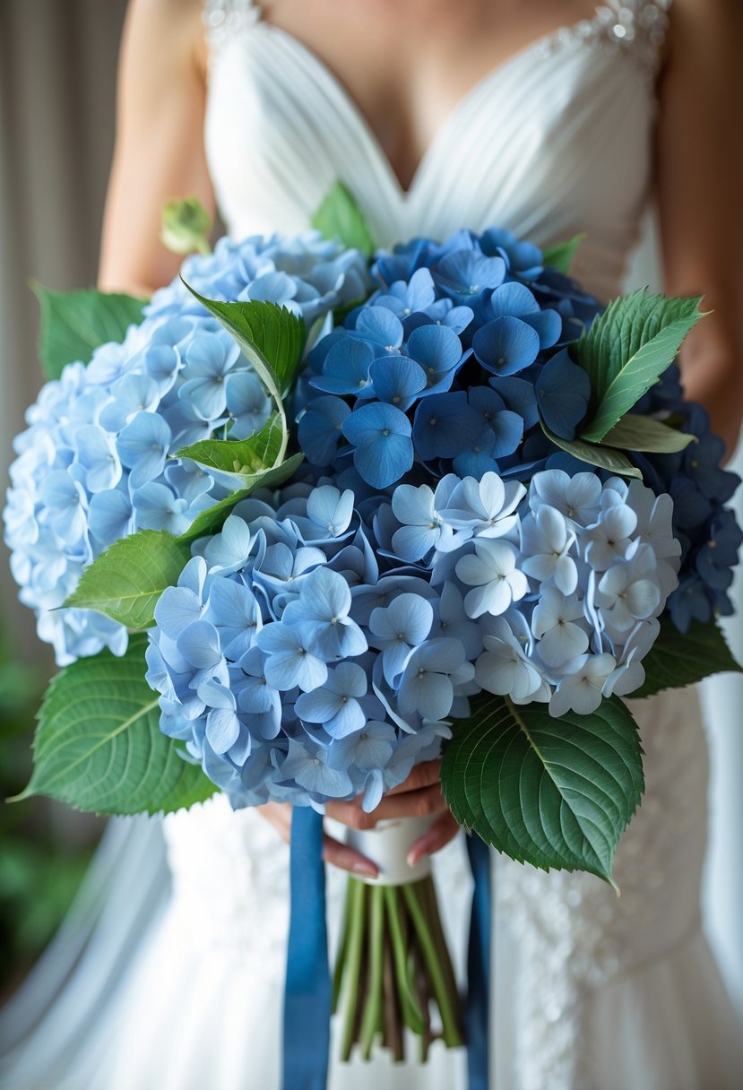 A bridal bouquet of blue hydrangea flowers held by a bride in a white dress.