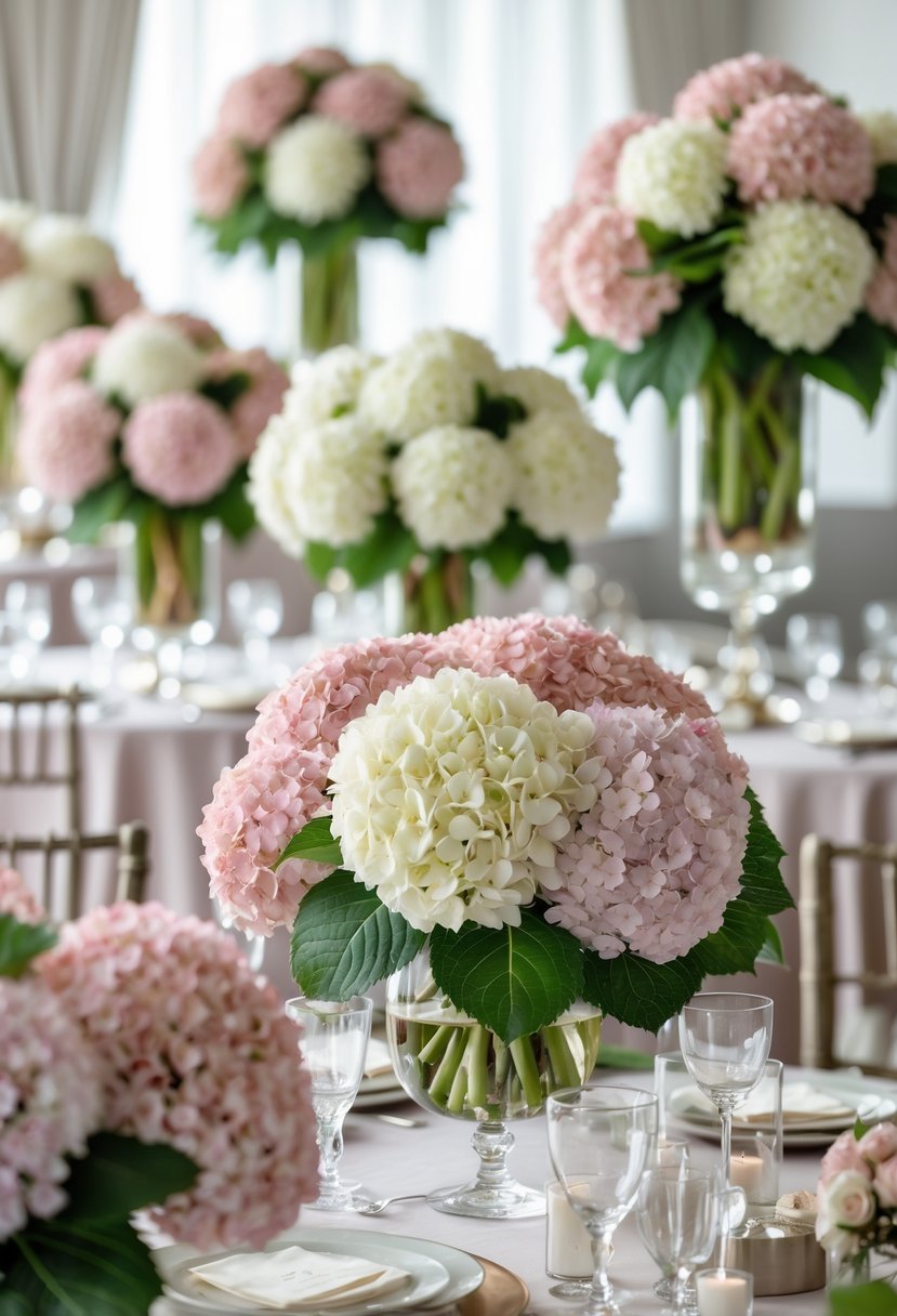 Fifteen wedding table centerpieces featuring mixed pink and white hydrangea flowers arranged with green leaves on tables.