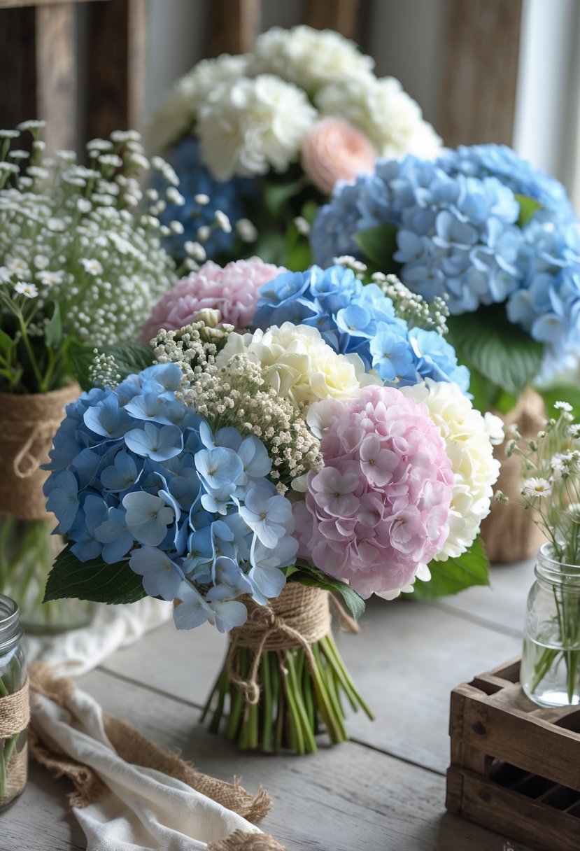 A collection of 15 hydrangea and wildflower bouquets arranged on a wooden table with soft natural lighting.