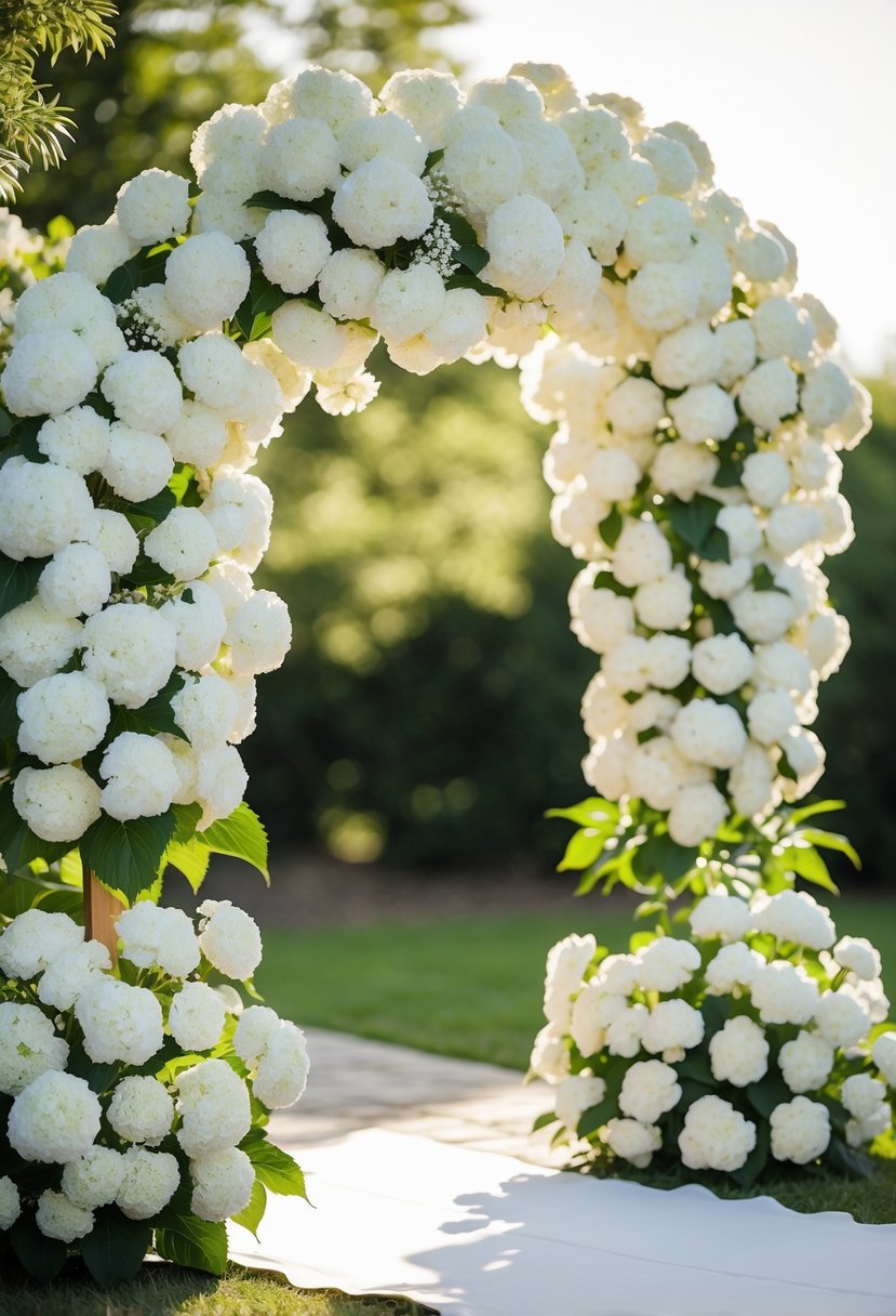 A wedding arch decorated with white hydrangea flowers set outdoors with greenery in the background.