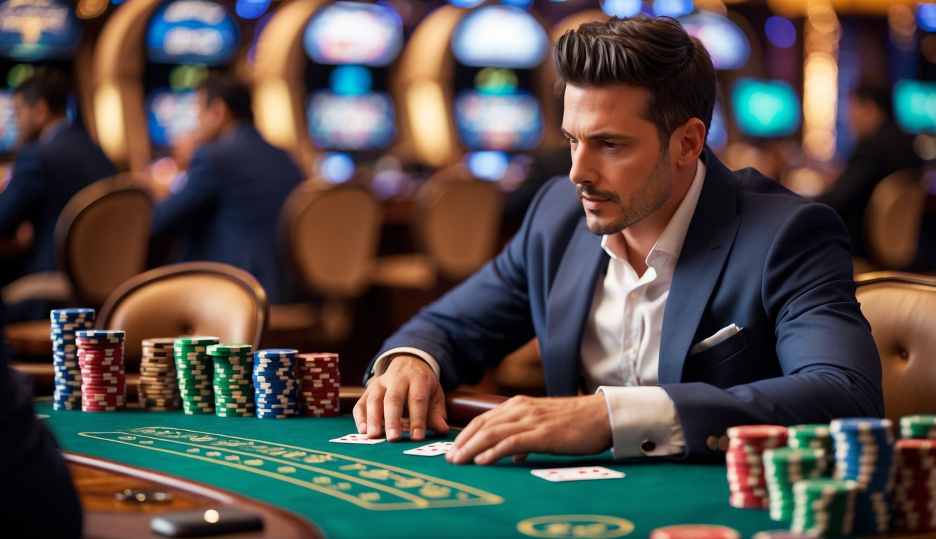 Seorang pria fokus bermain blackjack di meja kasino dengan kartu dan chip poker di depan.