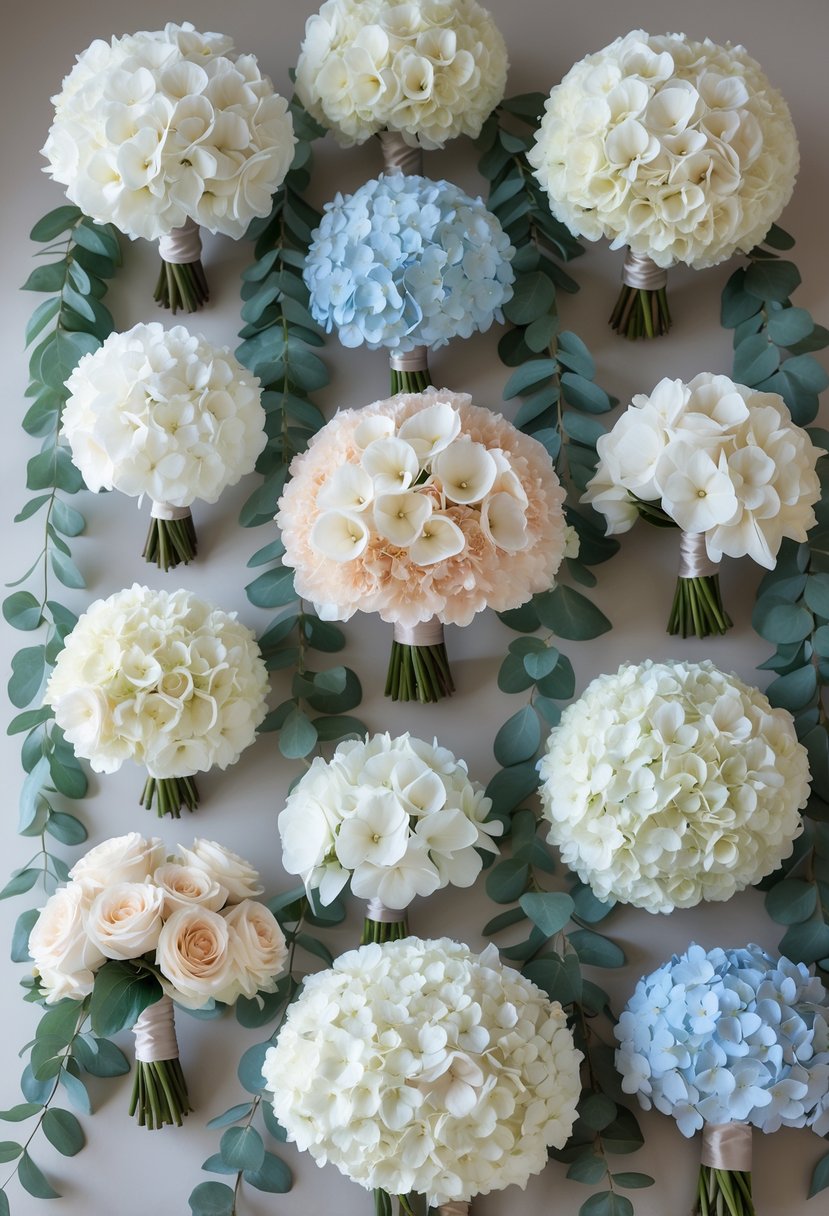 A collection of fifteen wedding bouquets featuring hydrangea flowers and eucalyptus leaves arranged on a neutral background.