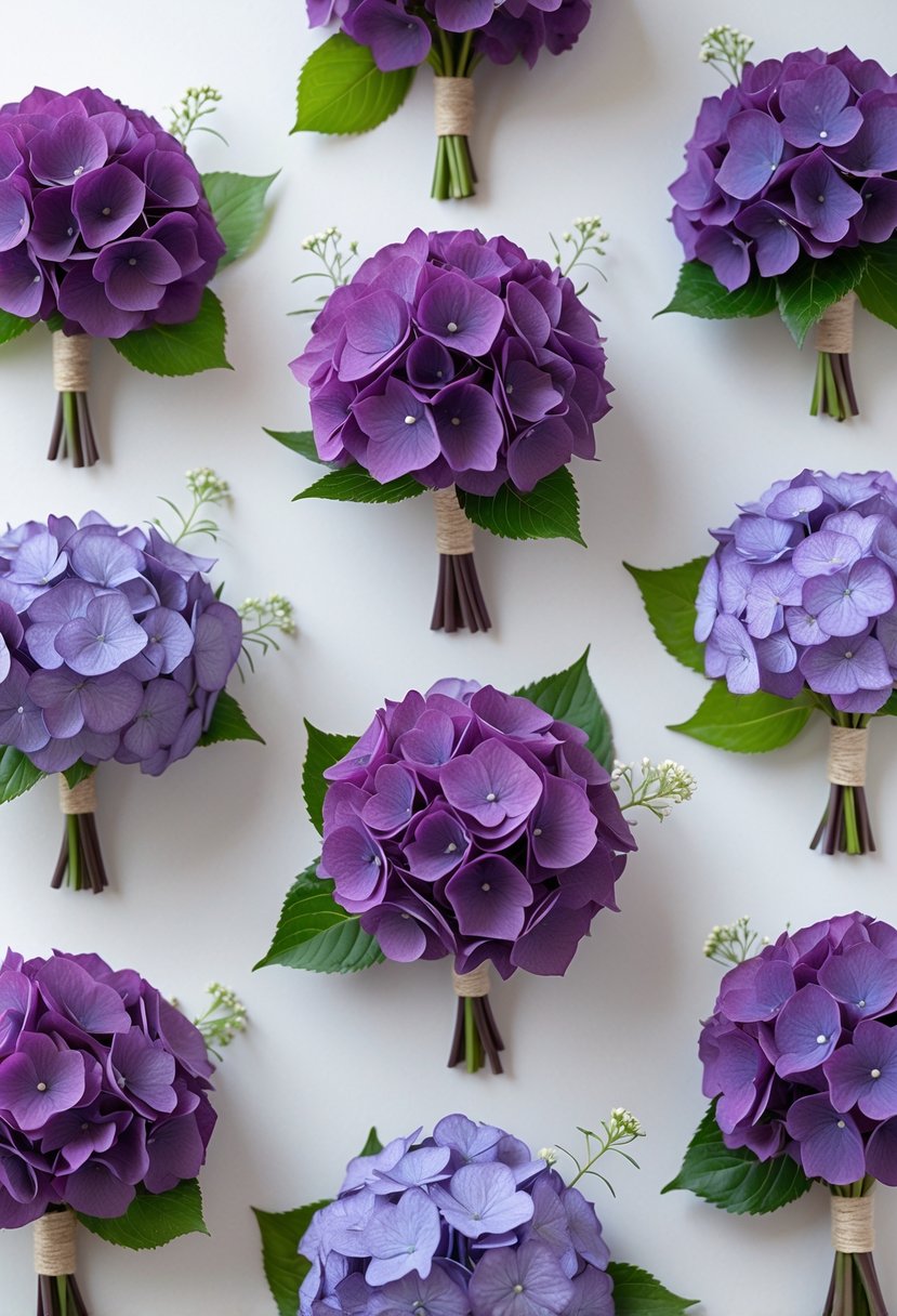 Fifteen vibrant purple hydrangea boutonnieres arranged neatly on a plain background.