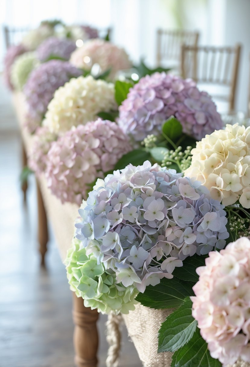 A table decorated with a garland of pastel-colored hydrangea flowers in pink, lavender, mint, and white, arranged along a wooden surface.