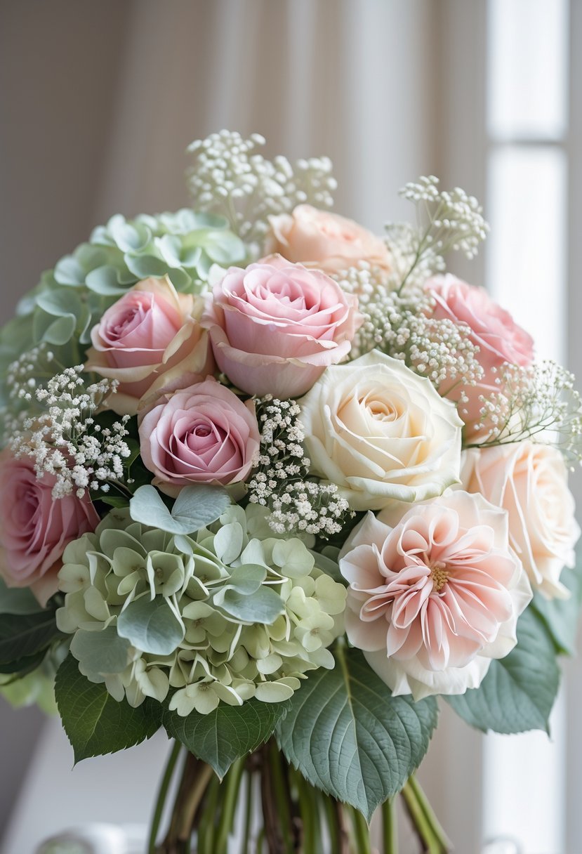A bouquet of hydrangeas, roses, and baby's breath flowers arranged together.