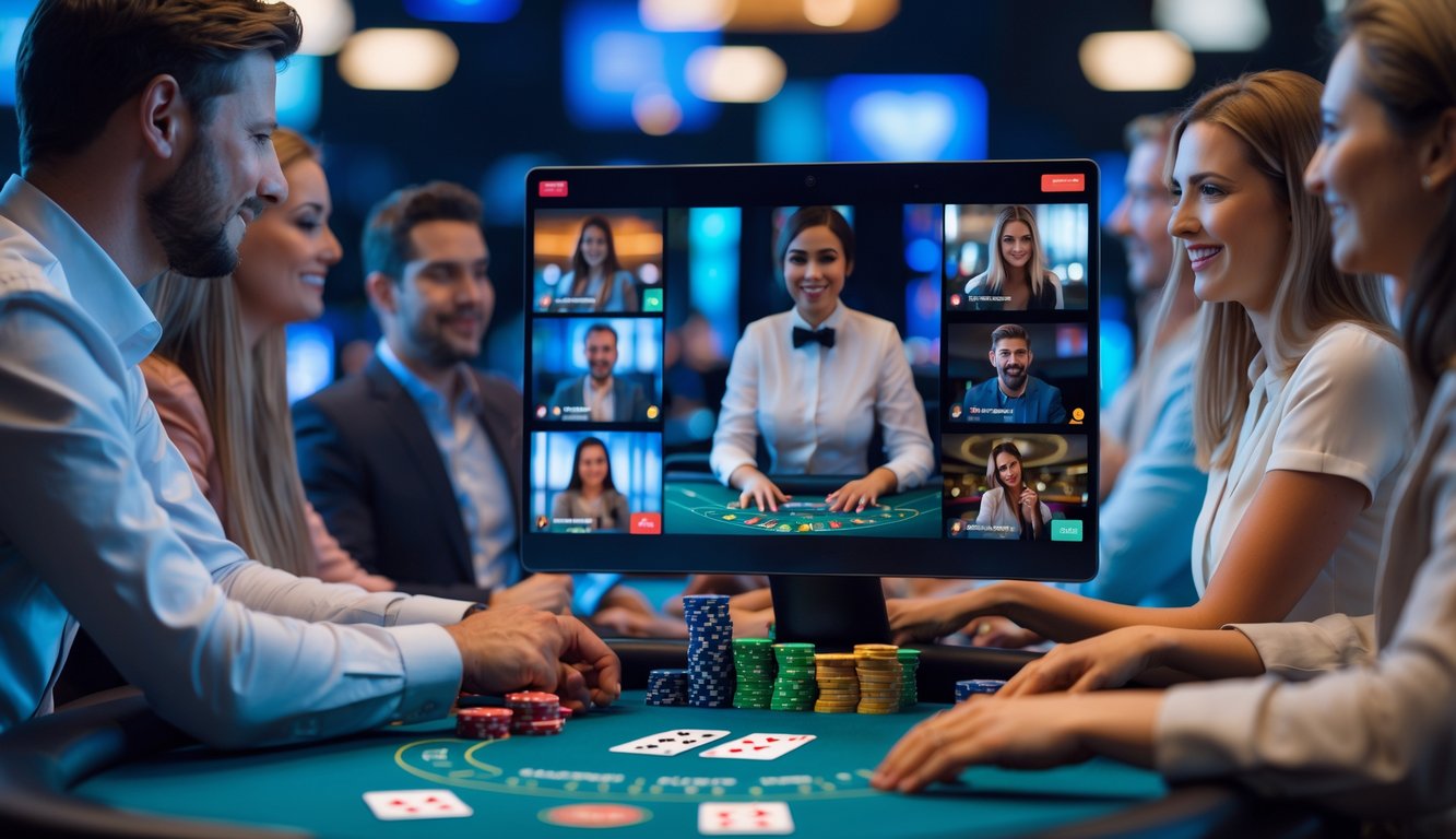 Sejumlah pemain nyata sedang bermain di meja kasino online langsung dengan dealer, tanpa bot.
