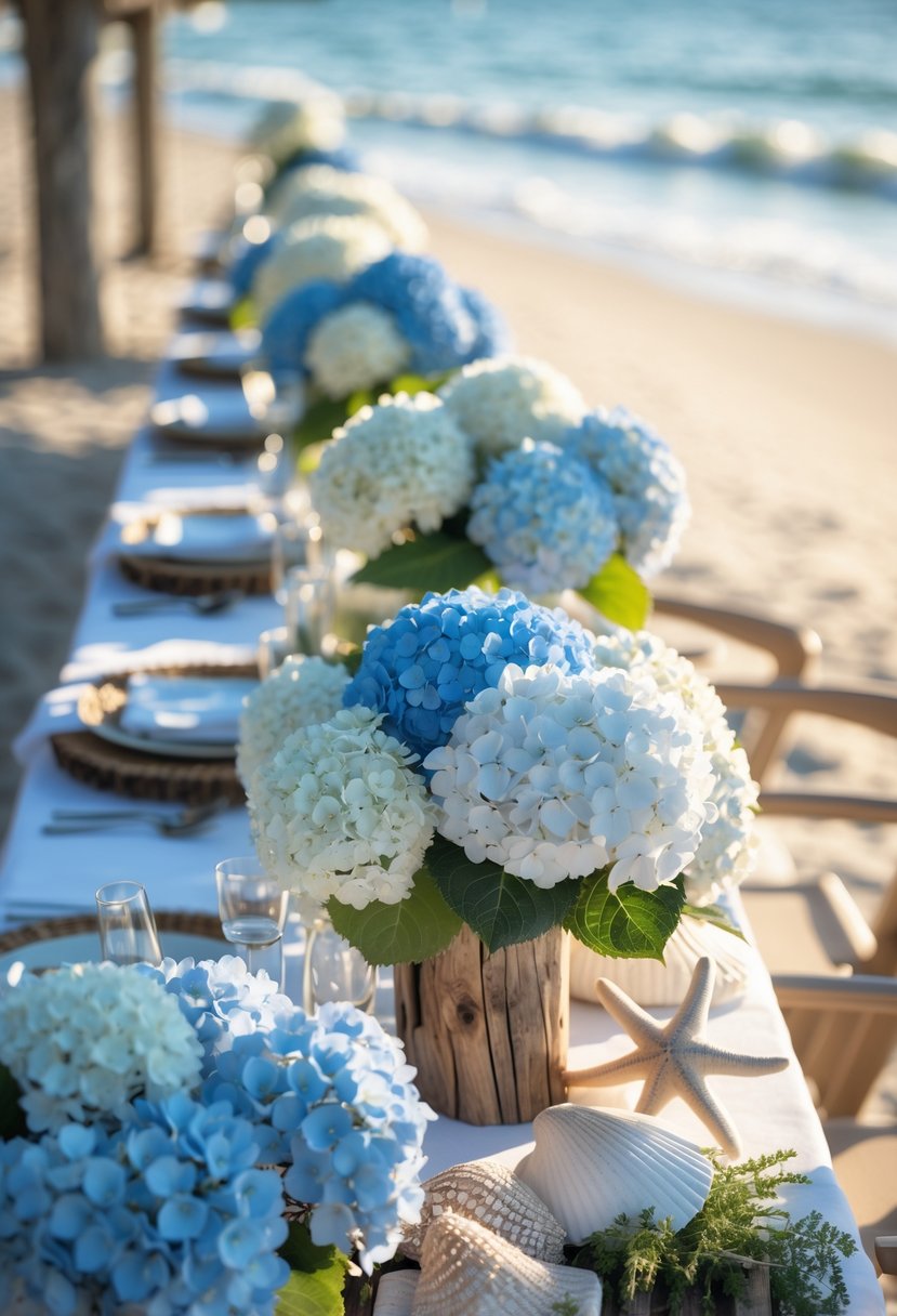 A table outdoors near the beach with 15 hydrangea flower centerpieces in various shades of blue, white, and pink, decorated with seashells and greenery.