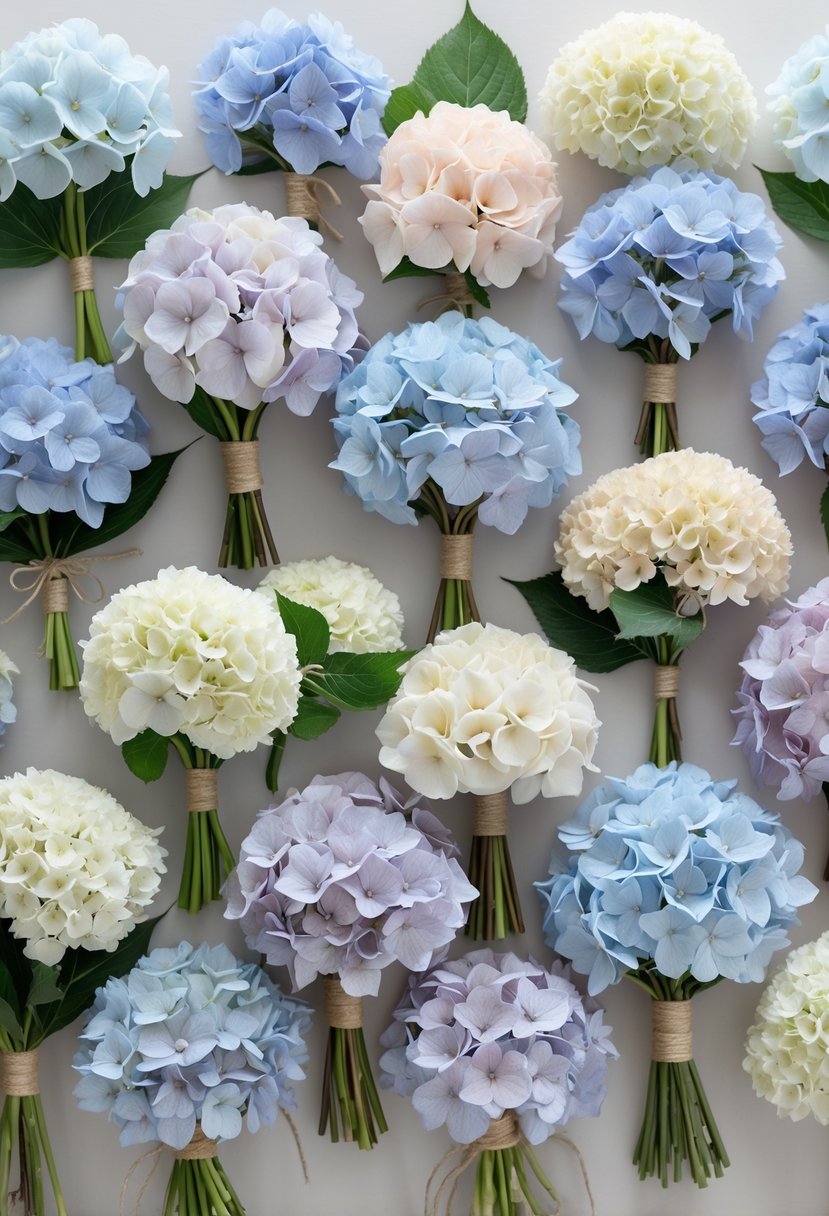 Fifteen loose hydrangea bouquets in pastel colors arranged on a neutral surface.