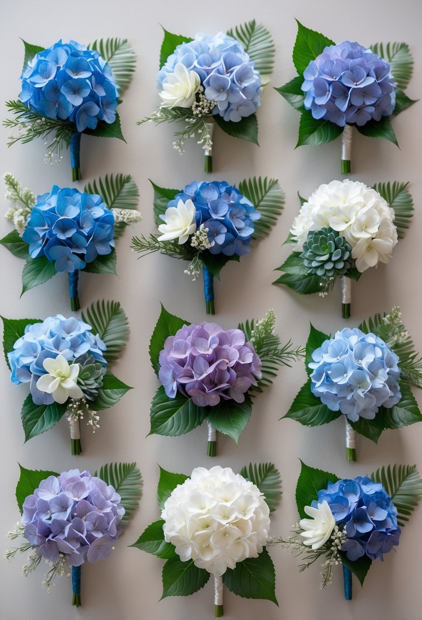 A collection of 15 wedding corsages made of hydrangea flowers and succulents arranged on a soft background.