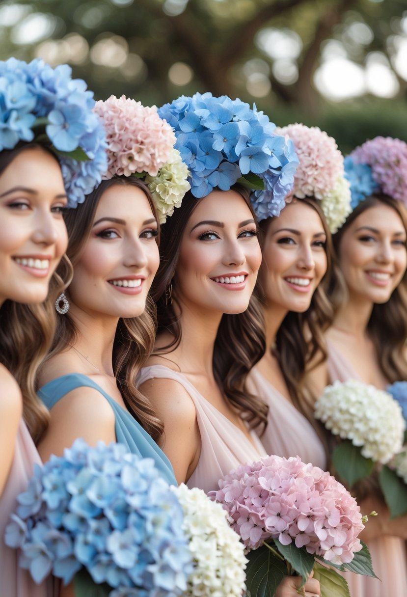 Bridesmaids wearing hydrangea flower crowns standing outdoors with soft natural light.