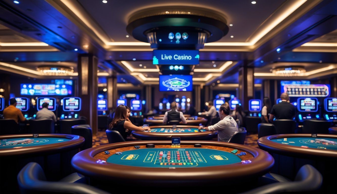 Suasana kasino langsung resmi dengan pemain yang sedang bermain di meja dealer secara langsung.