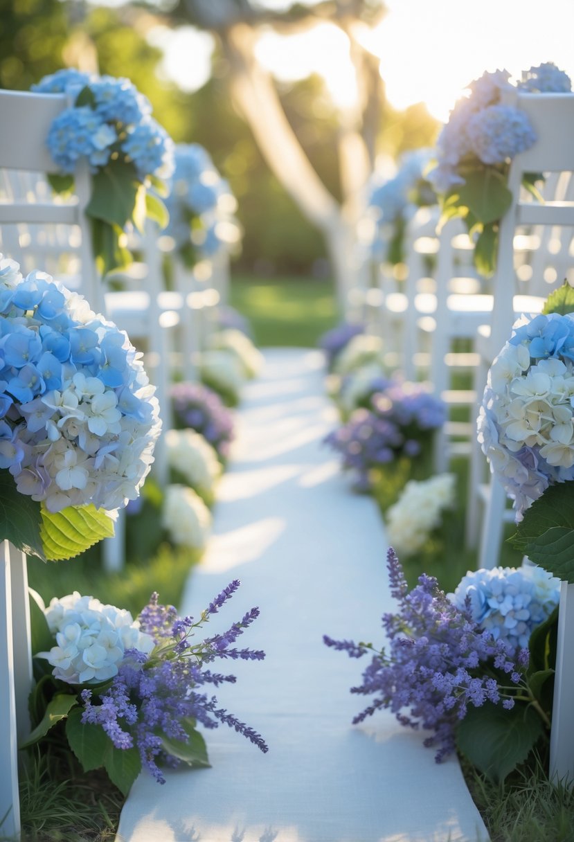 A wedding aisle decorated with blue and white hydrangeas and purple lavender flowers attached to white chairs in an outdoor garden setting.