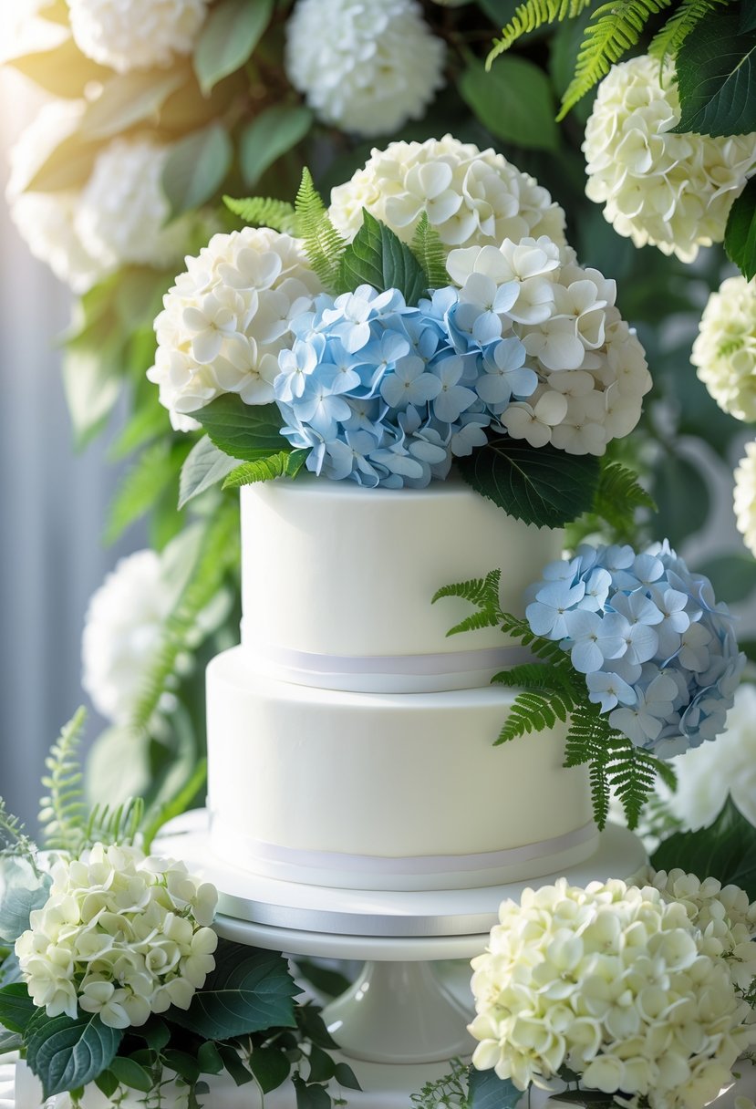 A collection of wedding cake toppers decorated with hydrangea flowers and green leaves on white tiered cakes.