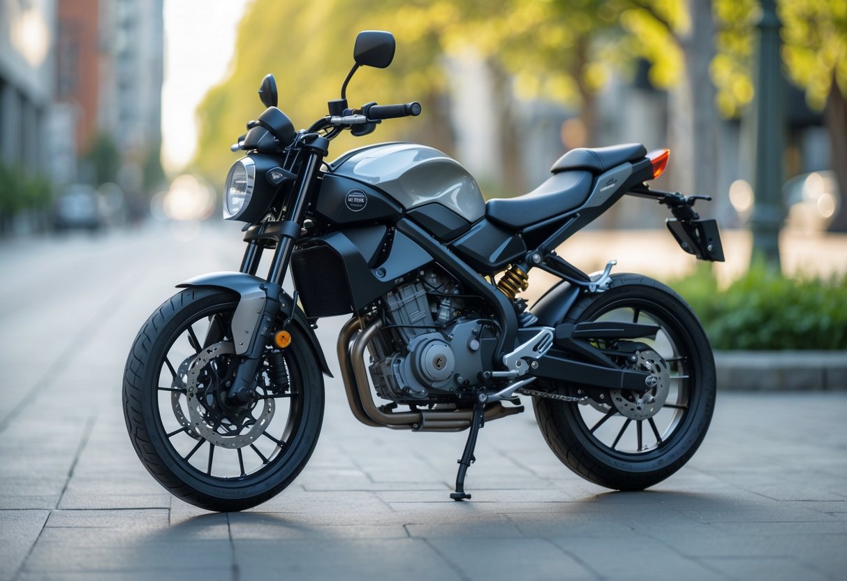 Motorbike Tracker 3 A modern motorbike parked outdoors with a small GPS tracking device attached to its frame in an urban setting.