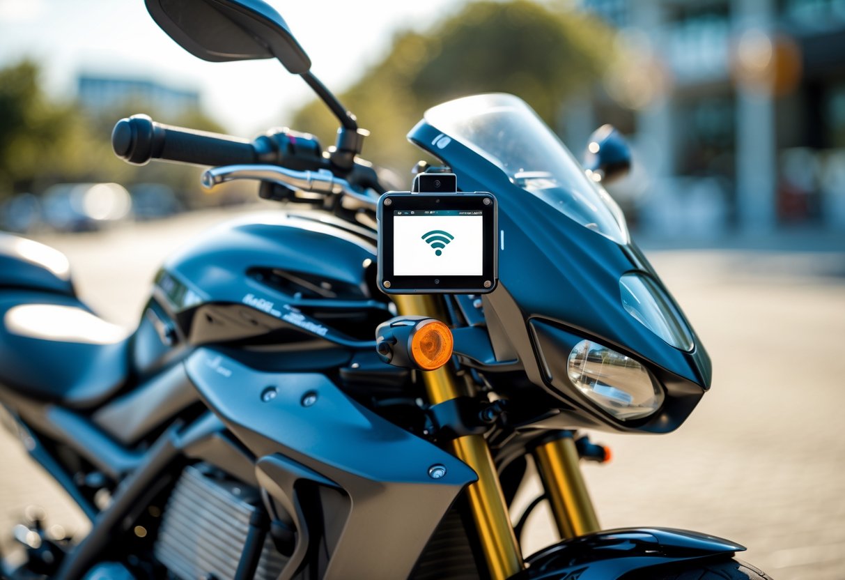 Motorbike Tracker 5 A modern motorbike parked outdoors with a small GPS tracking device attached to its frame.