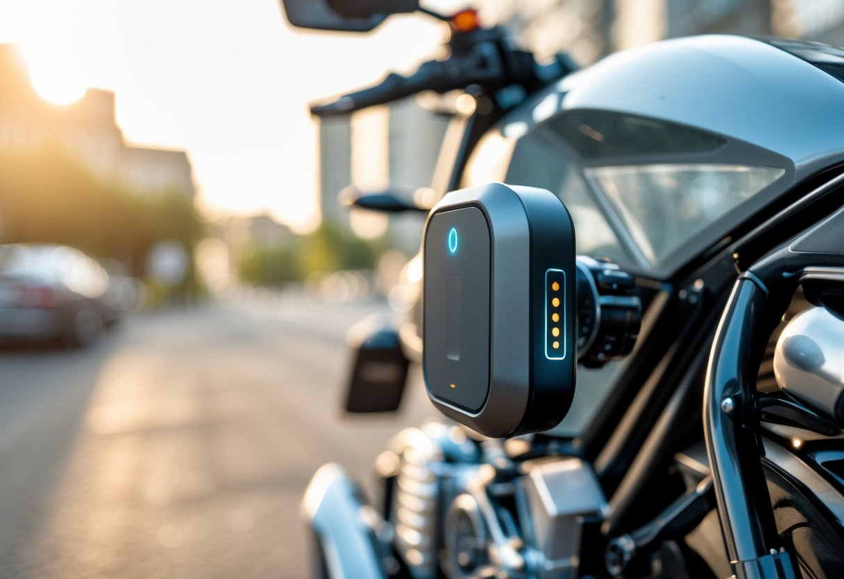 Motorbike Tracker 9 Close-up of a modern motorbike with a GPS tracker device attached, parked outdoors in an urban setting.