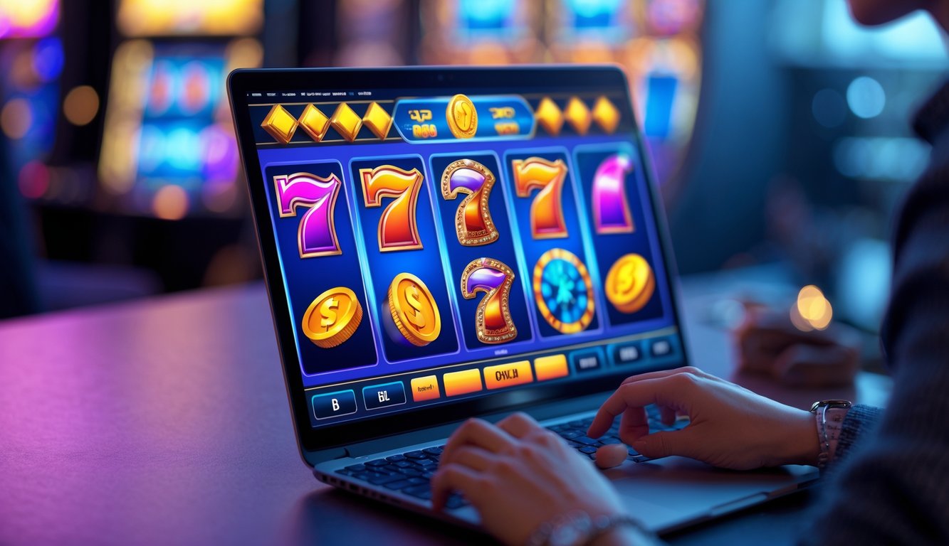 Seseorang sedang bermain permainan slot online di komputer dengan layar menampilkan simbol-simbol slot yang berwarna-warni.