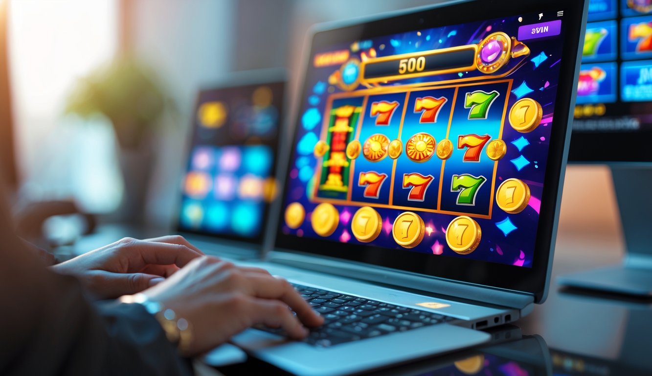 Tampilan dekat layar komputer dengan permainan mesin slot online yang berwarna-warni, tangan seseorang sedang menggunakan keyboard atau mouse.