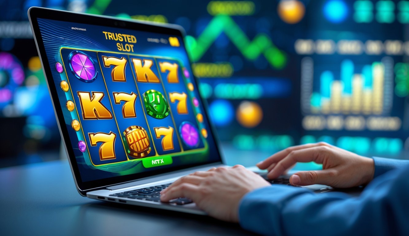 Seseorang menggunakan laptop dengan tampilan permainan slot online berwarna cerah di layar, di latar belakang terdapat elemen digital yang menunjukkan grafik dan suasana yang modern dan terpercaya.