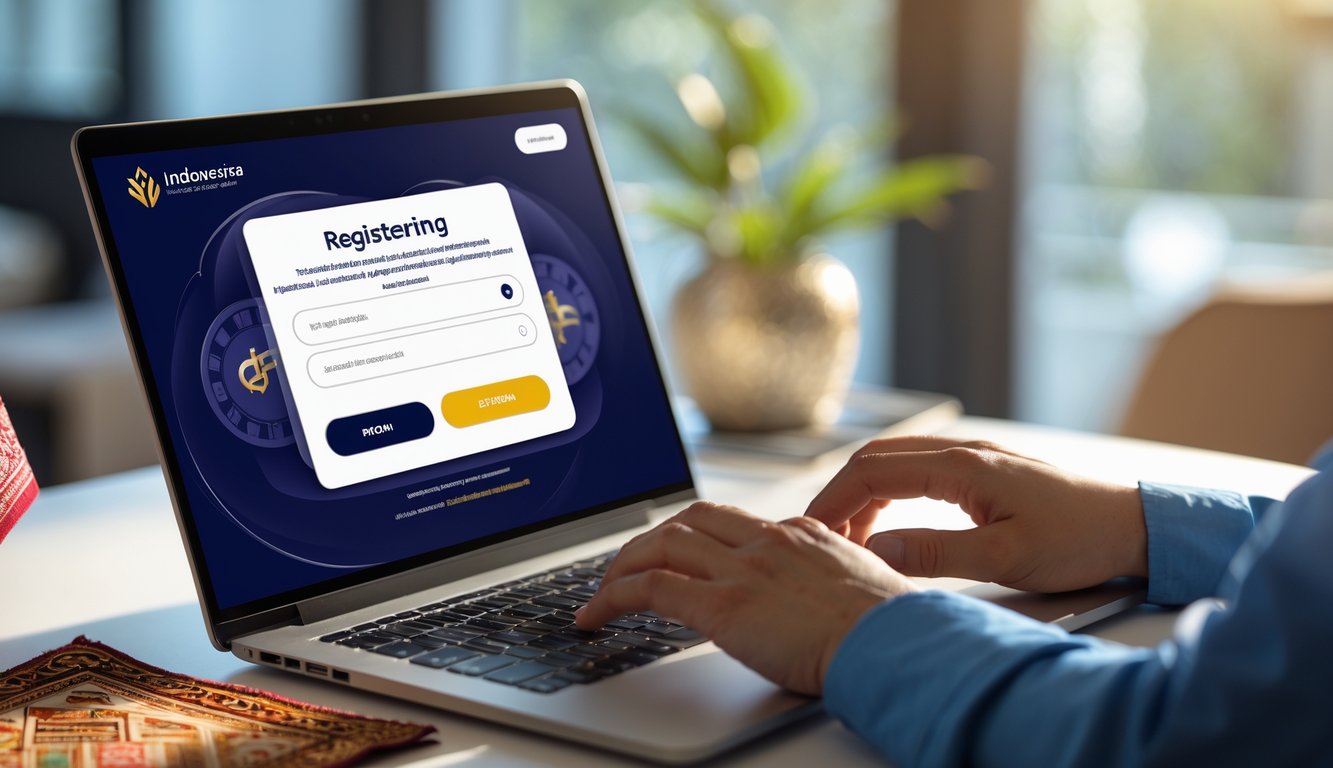 Orang sedang mengetik di laptop dengan formulir pendaftaran akun online di meja kerja yang rapi.