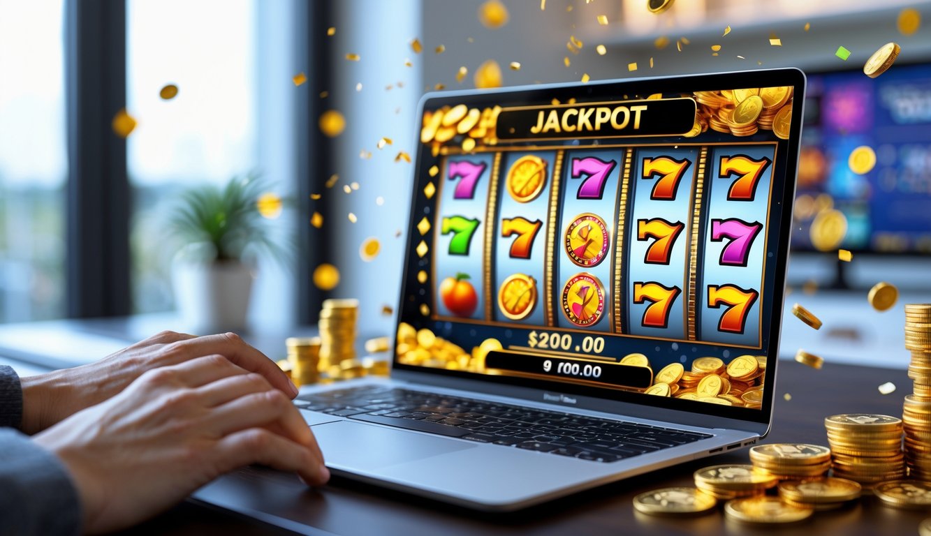 Seseorang menggunakan laptop dengan tampilan permainan slot online yang menunjukkan kemenangan jackpot besar.