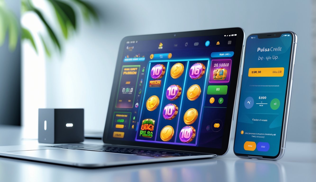 Seseorang menggunakan ponsel untuk bermain slot online dengan tampilan aplikasi pembayaran pulsa di layar.