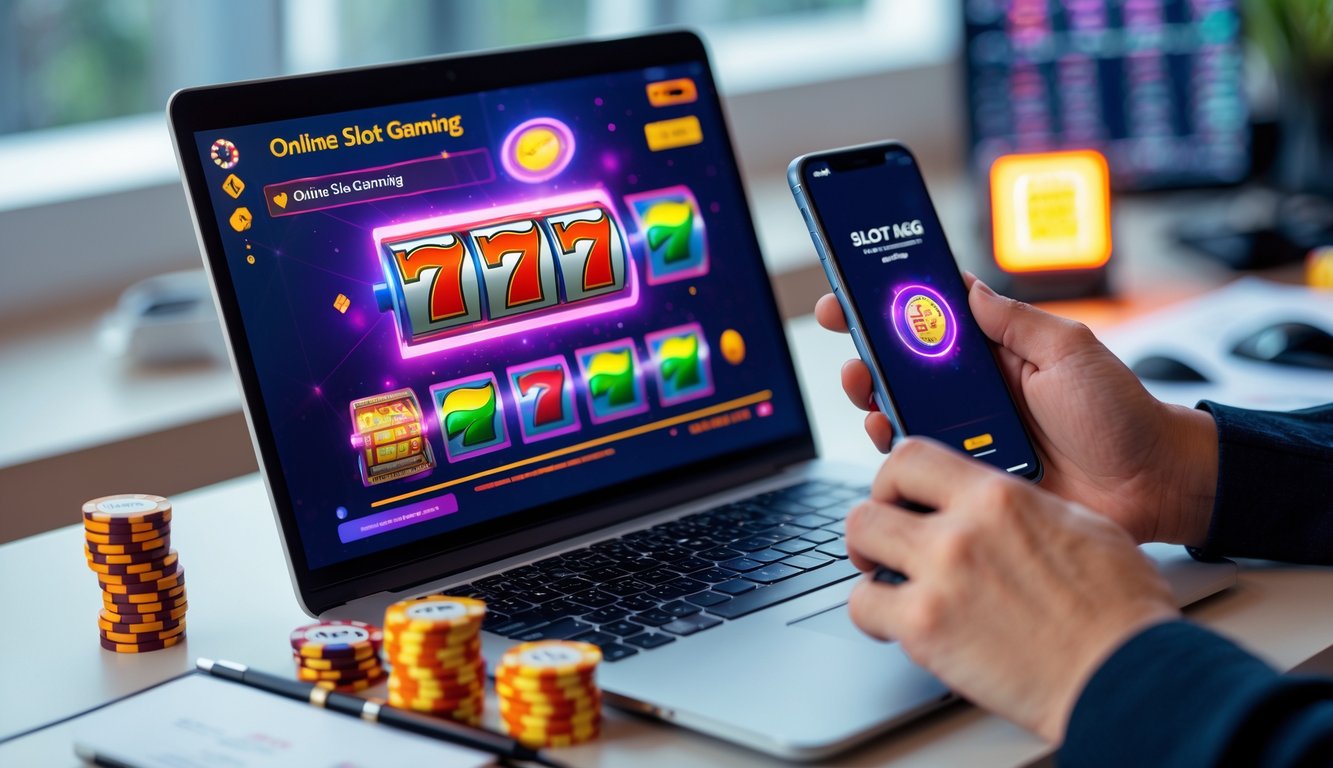 Seorang pemula bermain permainan slot online di laptop dengan ponsel di tangan di meja kerja yang rapi.
