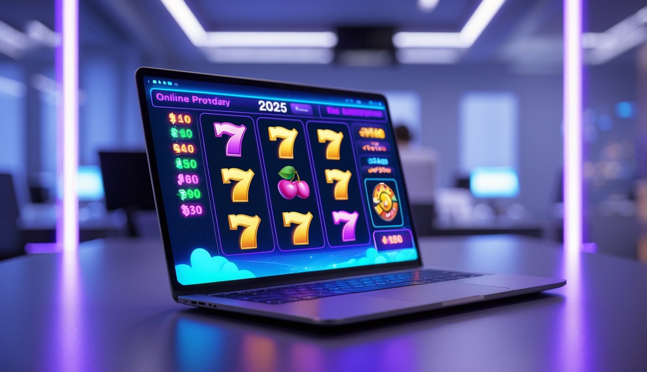 Suasana ruang kerja modern dengan layar komputer yang menampilkan permainan slot online berwarna-warni dan simbol keberuntungan.