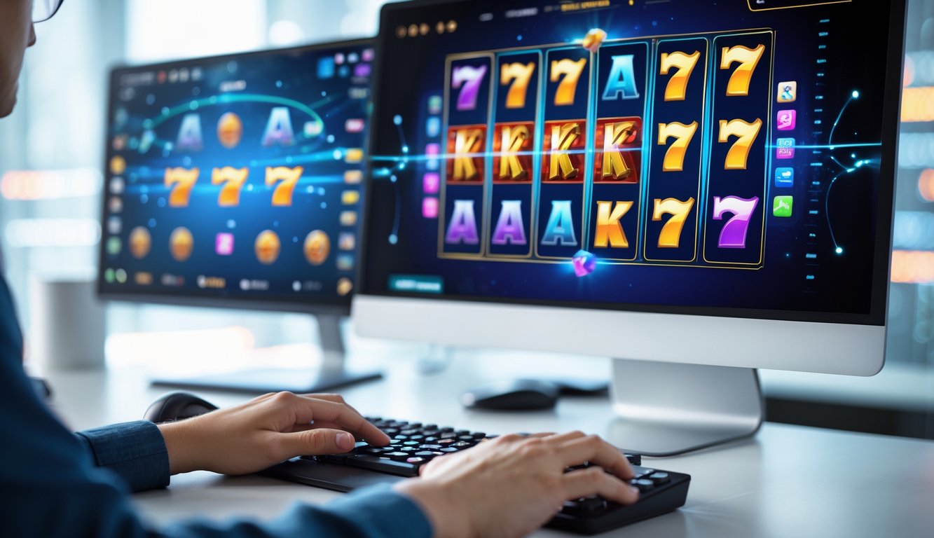 Seseorang menggunakan komputer dengan tampilan permainan slot online yang cerah dan lancar tanpa gangguan.