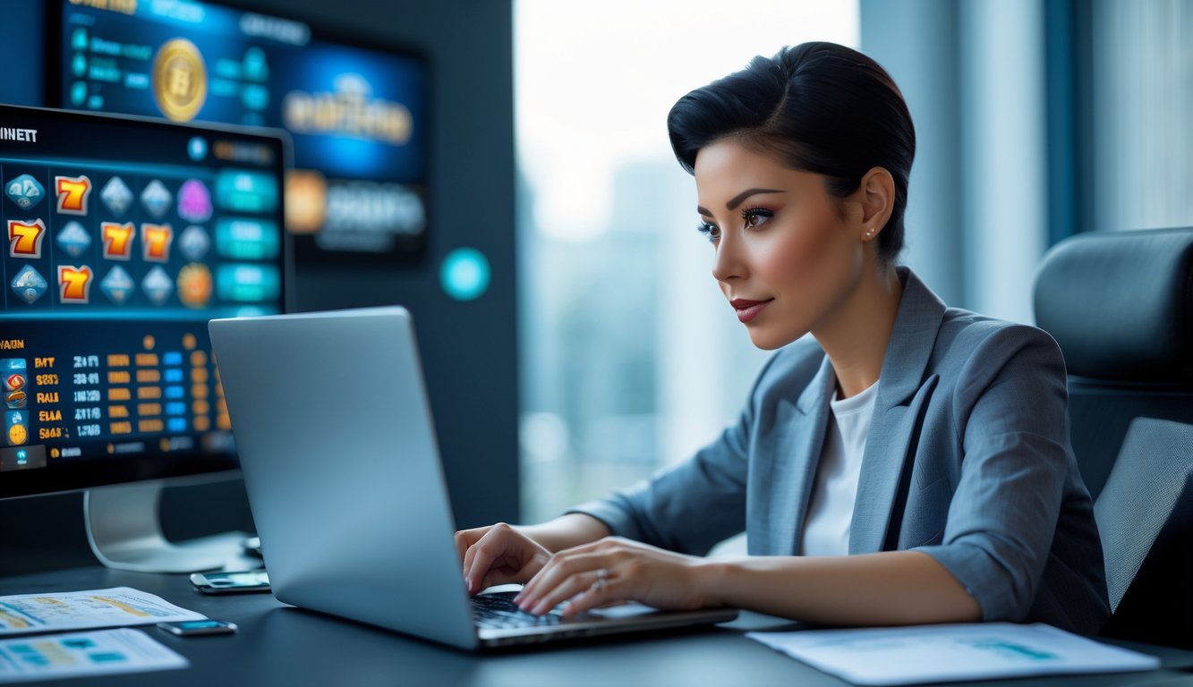 Seseorang sedang fokus bermain permainan slot online di laptop di sebuah meja kerja modern.