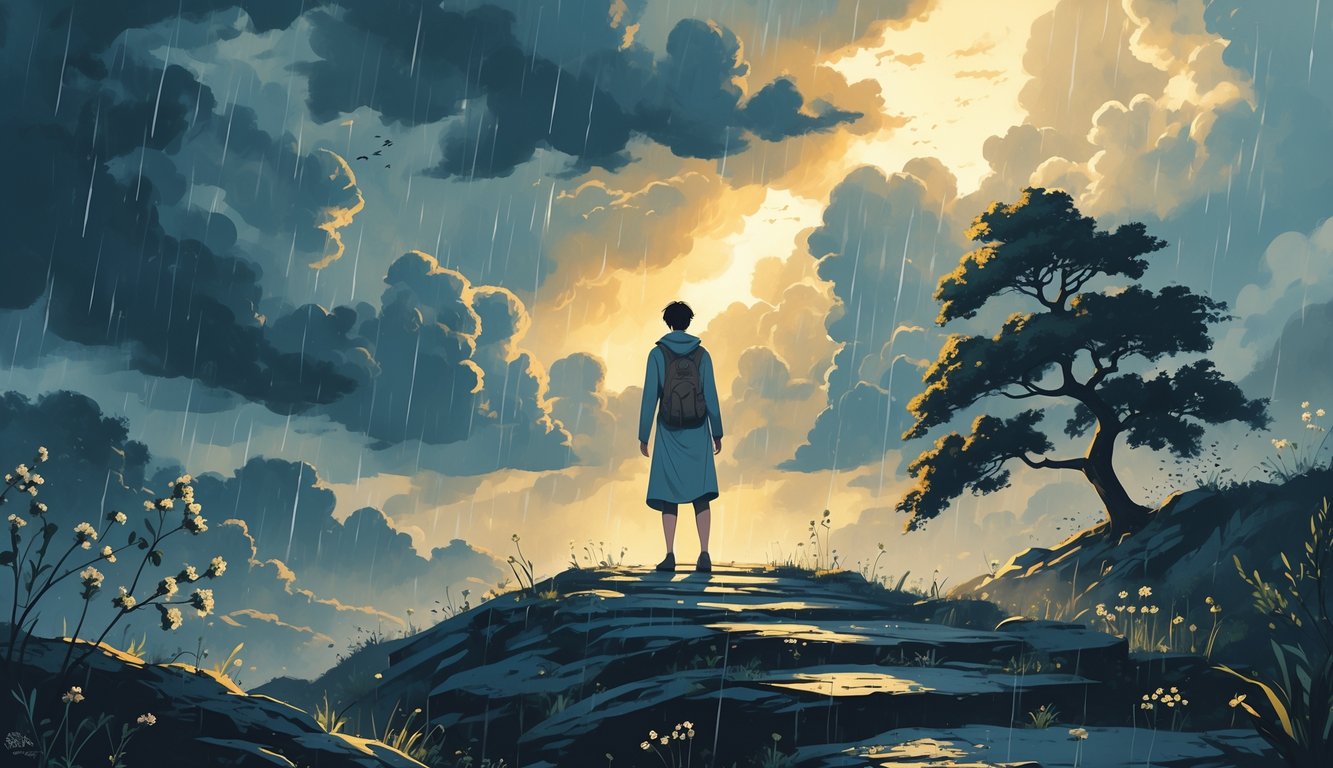 A person standing on a rocky path during a storm with dark clouds and rain, looking calm and determined as sunlight breaks through the clouds behind them.