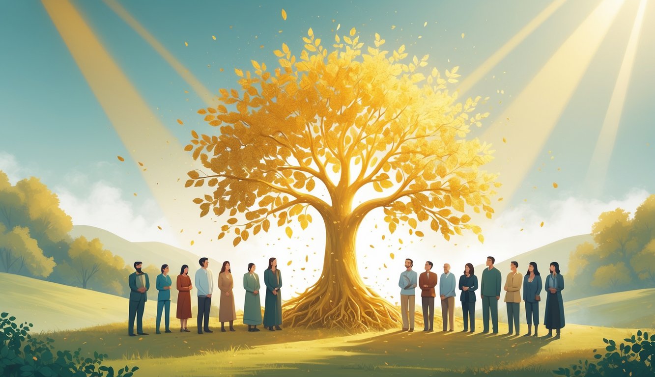 A glowing tree with golden leaves under a bright sky, surrounded by peaceful people standing in a natural landscape.