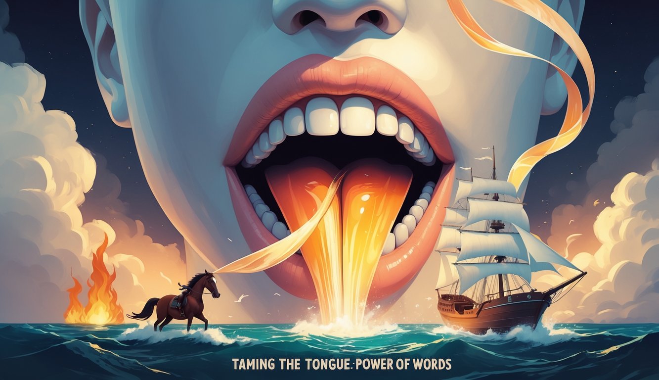 A large open mouth with a flowing tongue turning into a glowing ribbon surrounded by a horse with reins, a ship on rough waters, and a small fire, symbolizing control and the power of words.