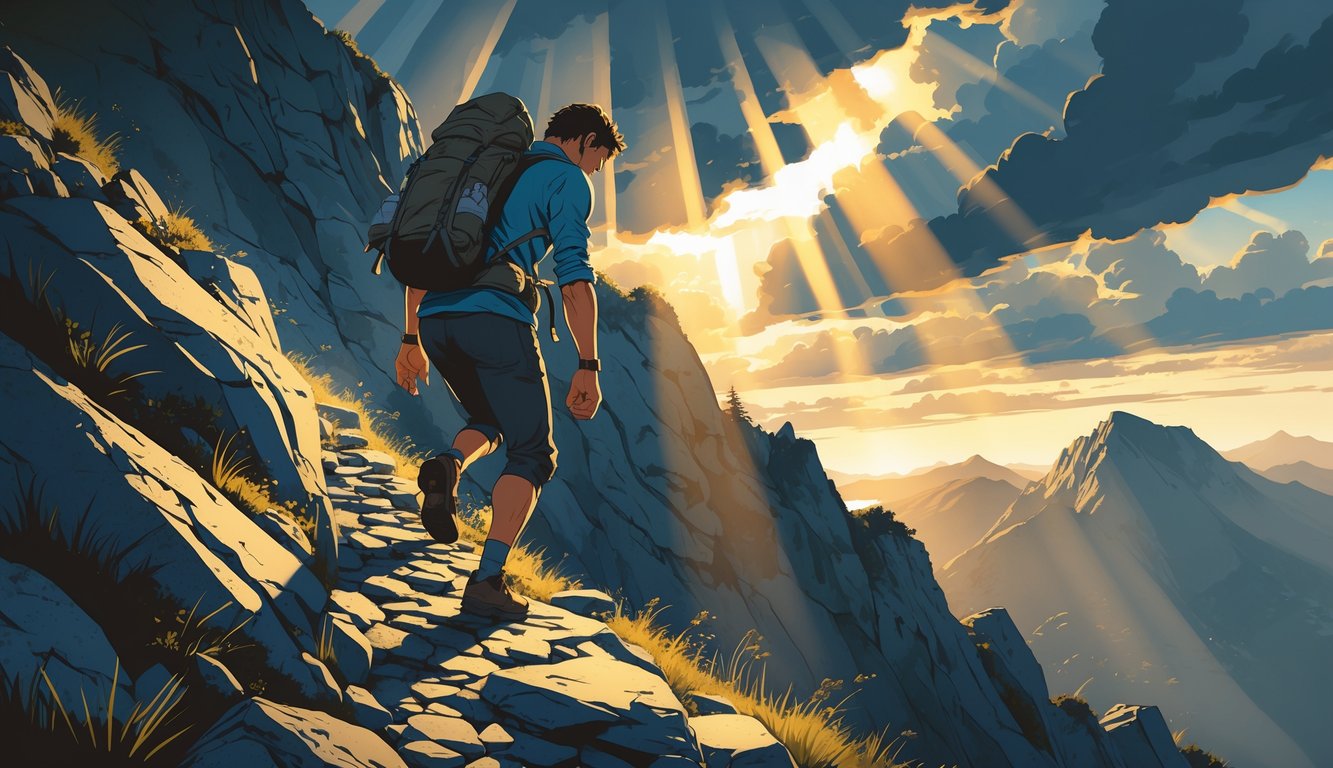 A person climbing a steep rocky mountain path under a dramatic sky with sunlight breaking through clouds, showing determination and endurance.