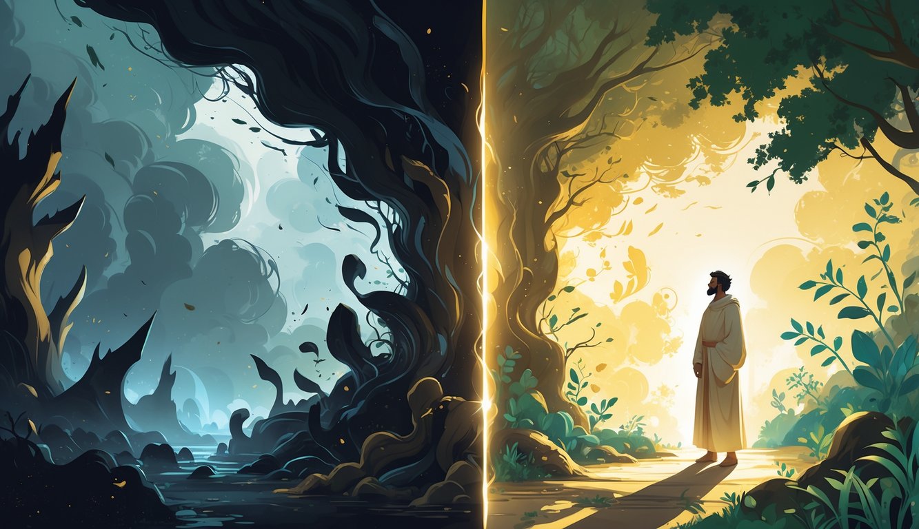 A split scene showing a troubled person in a dark, chaotic environment on one side and a peaceful person surrounded by light and nature on the other, symbolizing the contrast between worldly and godly wisdom.