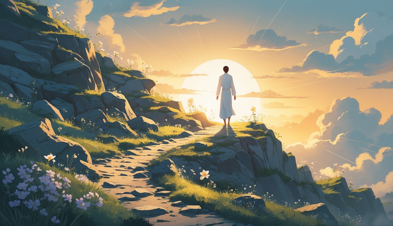 A person standing on a rocky path surrounded by a rugged landscape with blooming flowers and soft sunlight, symbolizing growth and perseverance through challenges.