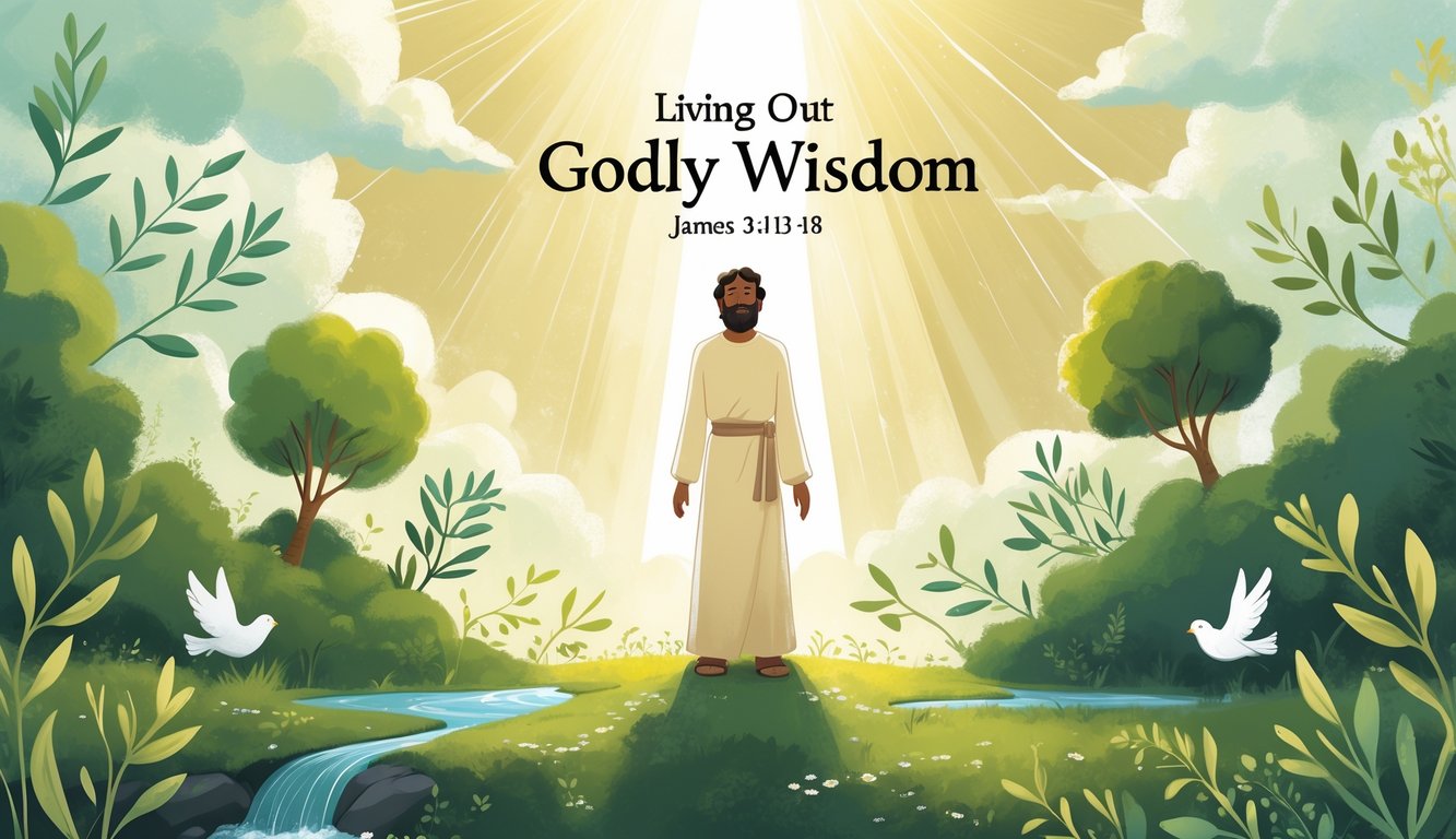 A person standing peacefully in a garden with light shining down, surrounded by olive branches, doves, and a flowing stream.