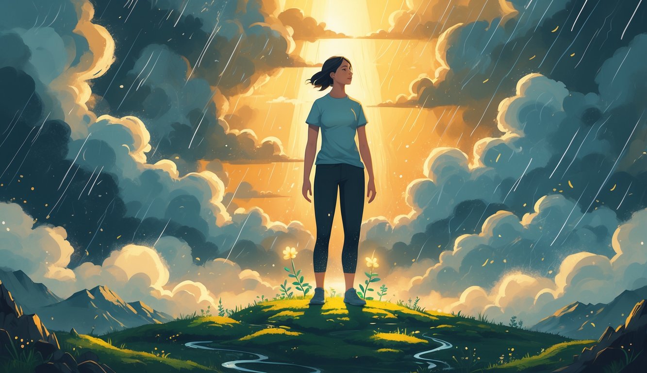 A person standing calmly under a stormy sky with sunlight breaking through clouds, surrounded by growing flowers and a winding path.