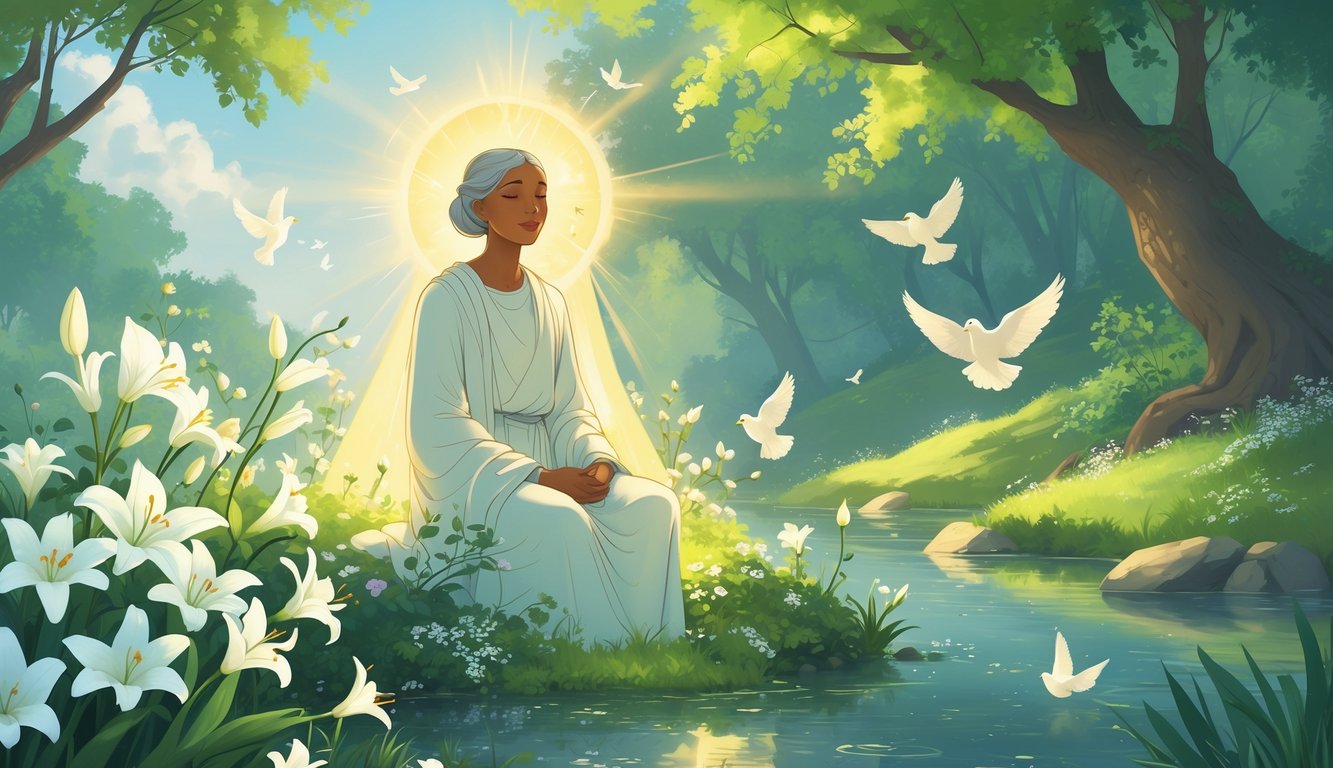 A peaceful scene showing a radiant figure surrounded by white lilies, doves, and gentle sunlight in a natural setting with trees and a flowing river.