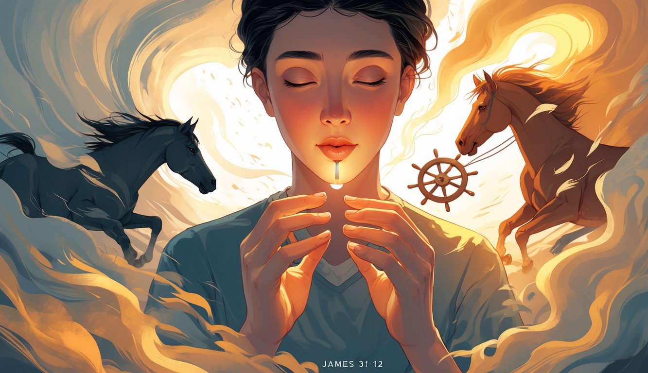 A person gently holding a small tongue between their fingers with swirling light and fiery shapes around them, symbolizing the challenge of controlling speech.