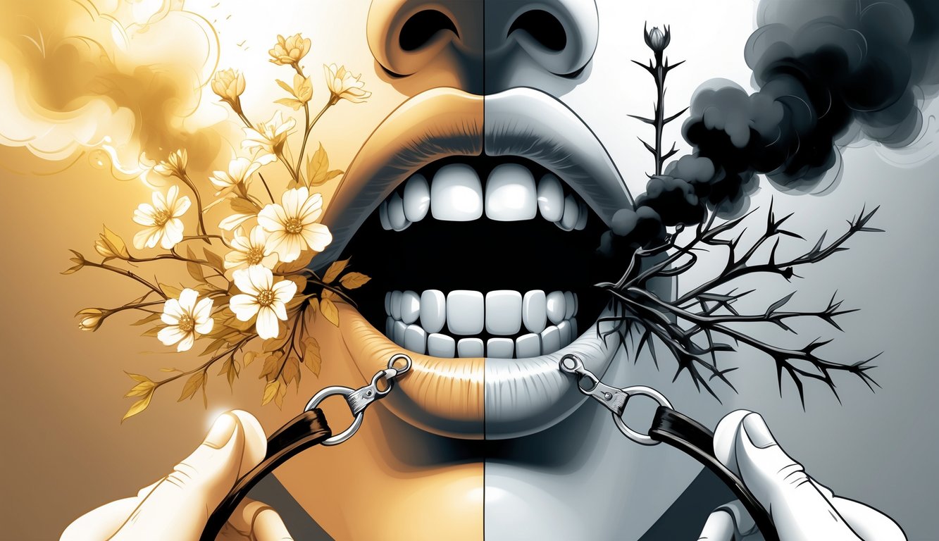 A human mouth divided into two halves, one side emitting light and flowers, the other side dark smoke and thorns, with hands holding reins symbolizing control over speech.