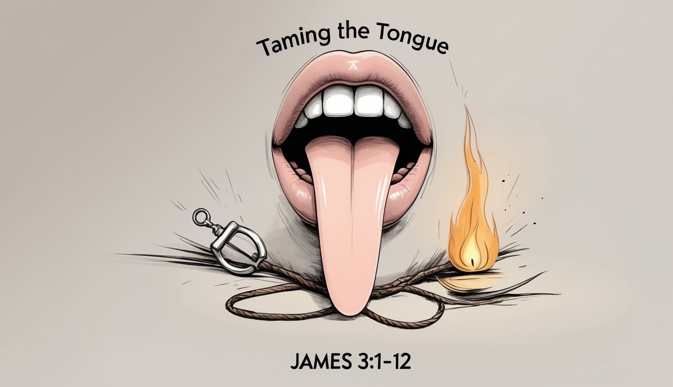 A hand gently holding a tongue inside an open mouth, with reins and a small horse bit wrapped around the tongue and a small flame nearby, symbolizing control over speech and the power of words.