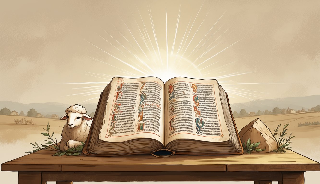 An open ancient manuscript on a wooden table surrounded by symbolic elements like a lamb, a rock, and rays of light, with a peaceful landscape in the background.