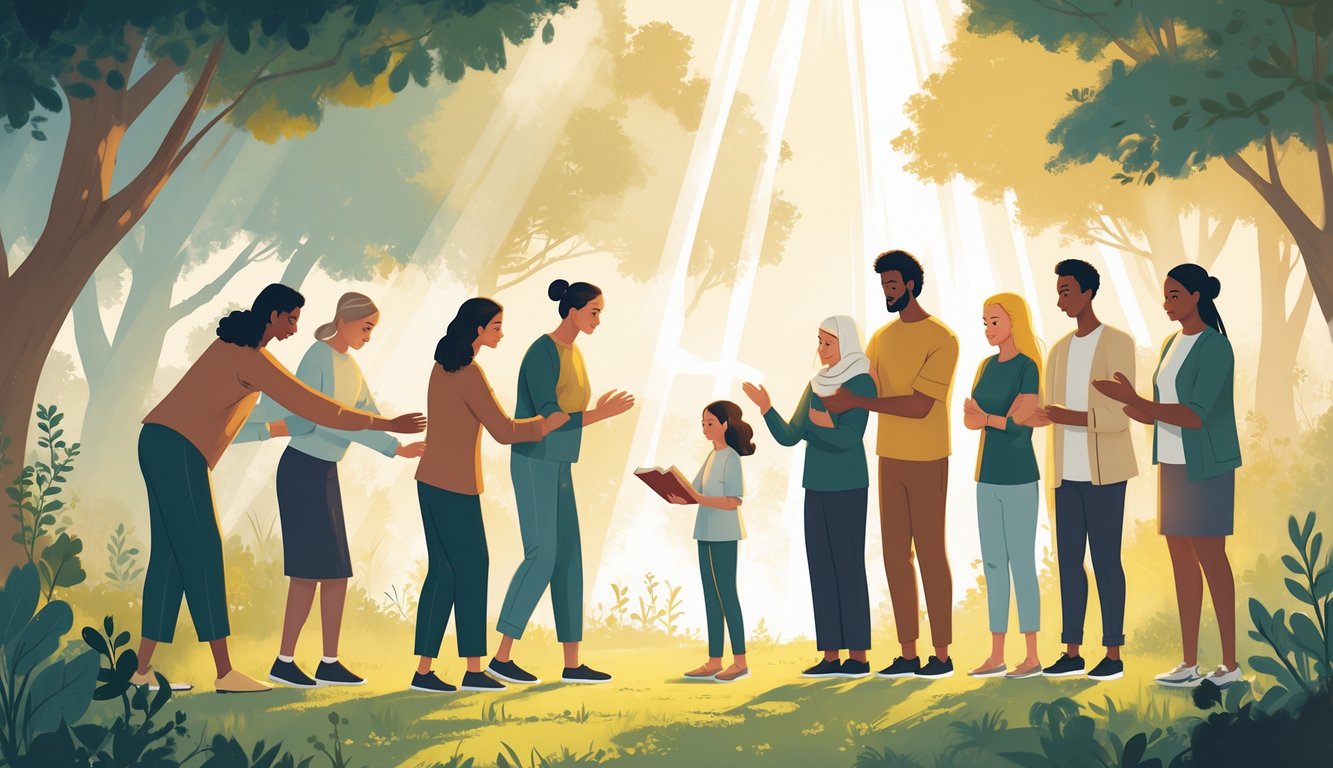 A diverse group of people showing kindness and support to one another in a peaceful outdoor setting with subtle Christian symbols like a cross and an open Bible.