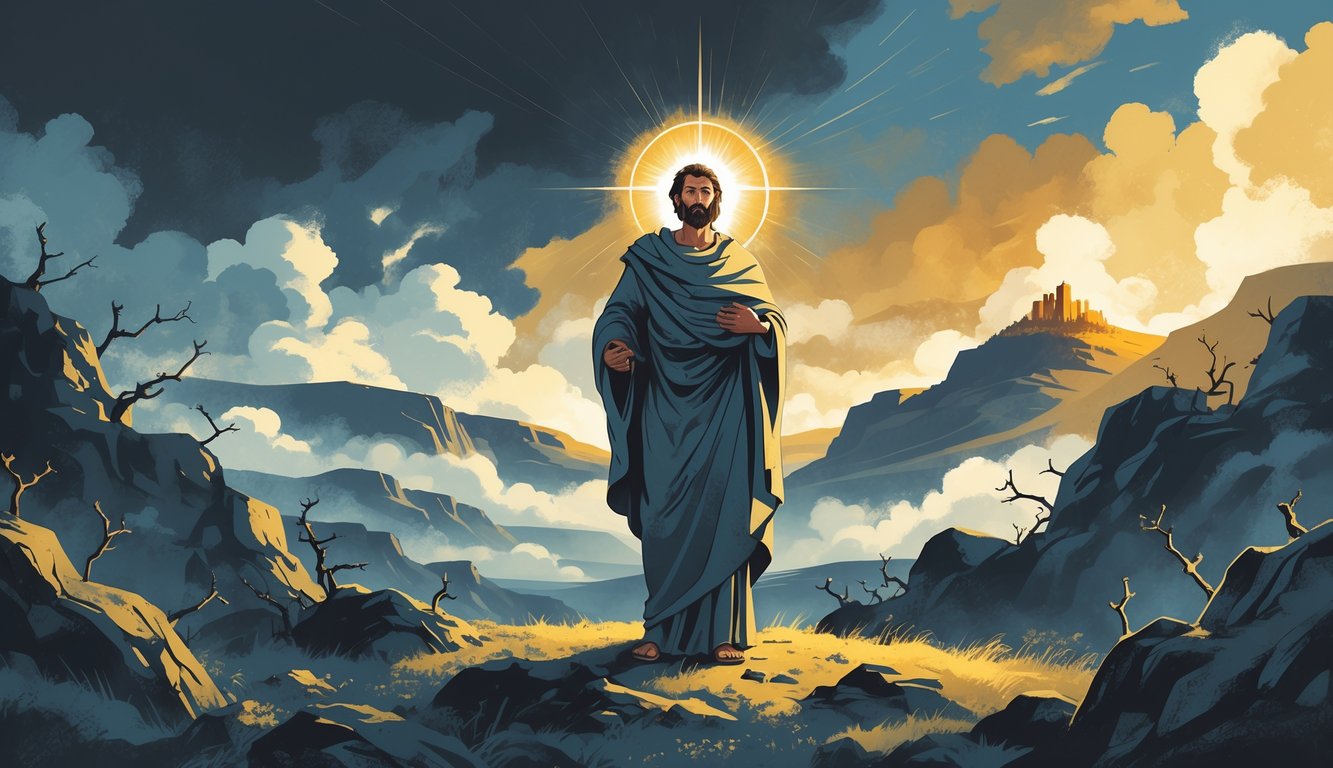 A person standing determined on rocky ground under stormy skies with rays of light breaking through clouds toward a glowing city on a hill in the distance.